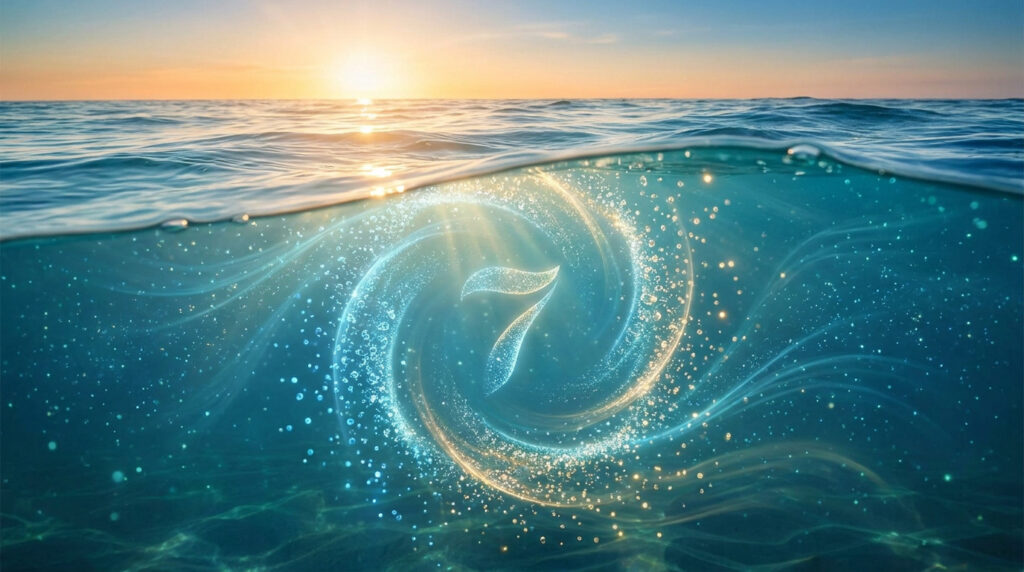 Coucher de soleil sur l'océan, et sous l'eau, un 7 lumineux tourbillonnant symbolise le pH équilibré.
