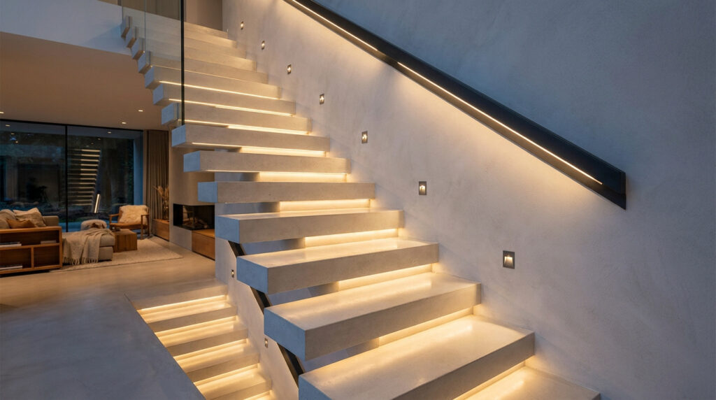 Escalier moderne en béton avec éclairage LED sous les marches et spots encastrés dans le mur.