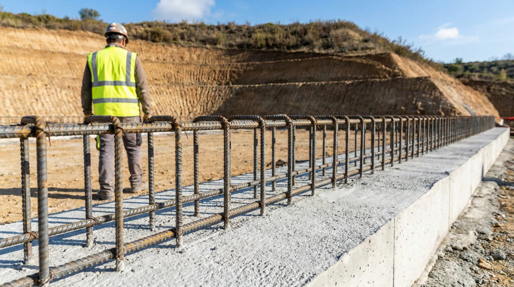 Ouvrier en gilet jaune inspectant le ferraillage d'un mur de soutènement. Fondation en béton, ciel bleu, chantier.