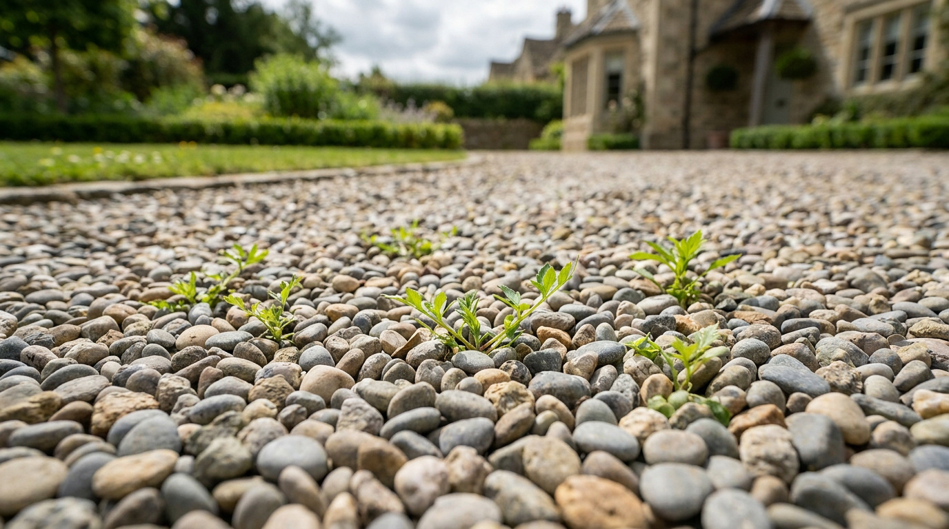 Allée en gravier avec quelques mauvaises herbes poussant entre les pierres devant une maison de campagne.