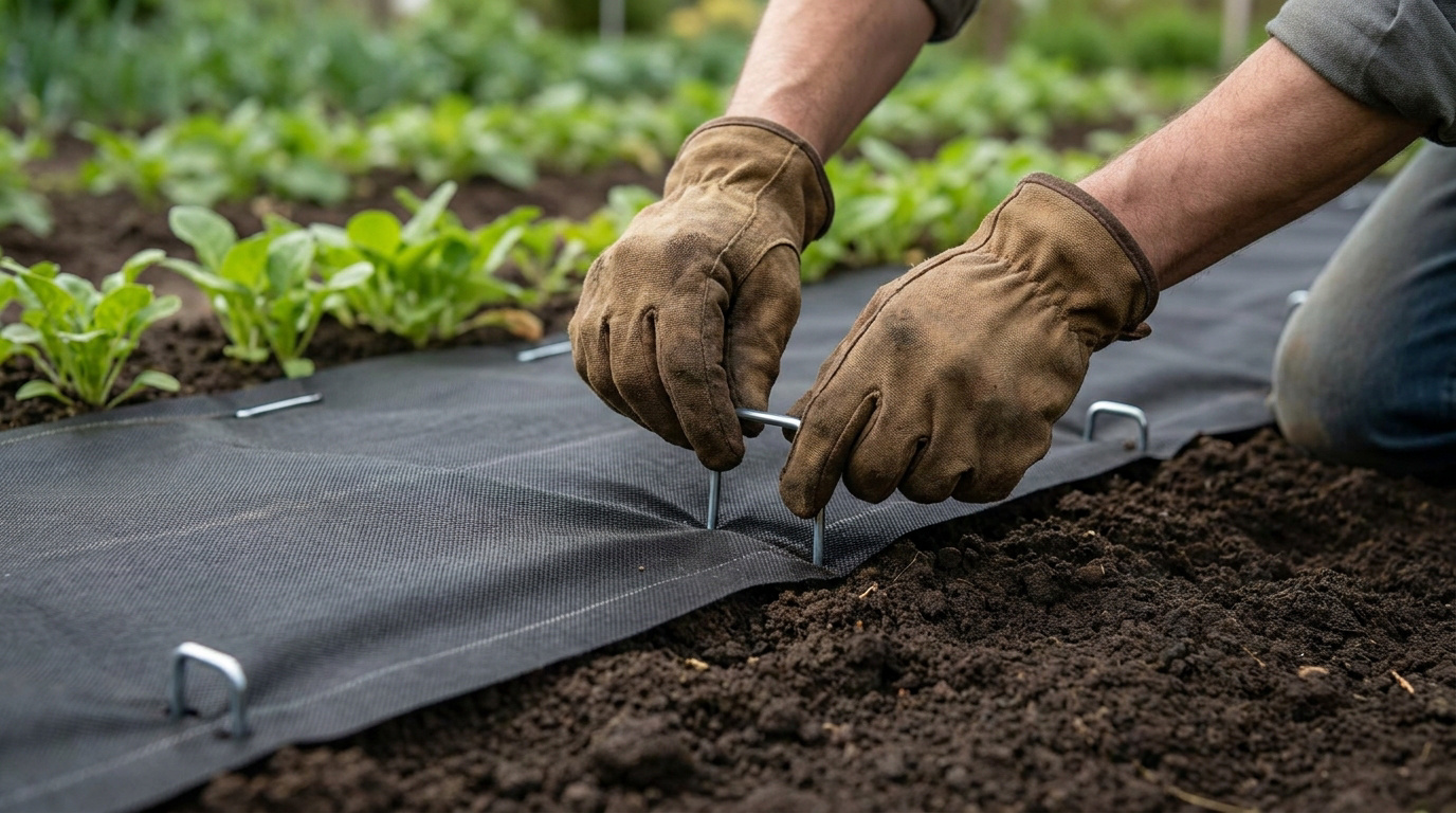 Mains gantées fixant une toile de paillage noire avec des agrafes en U dans un potager avec jeunes plants verts.