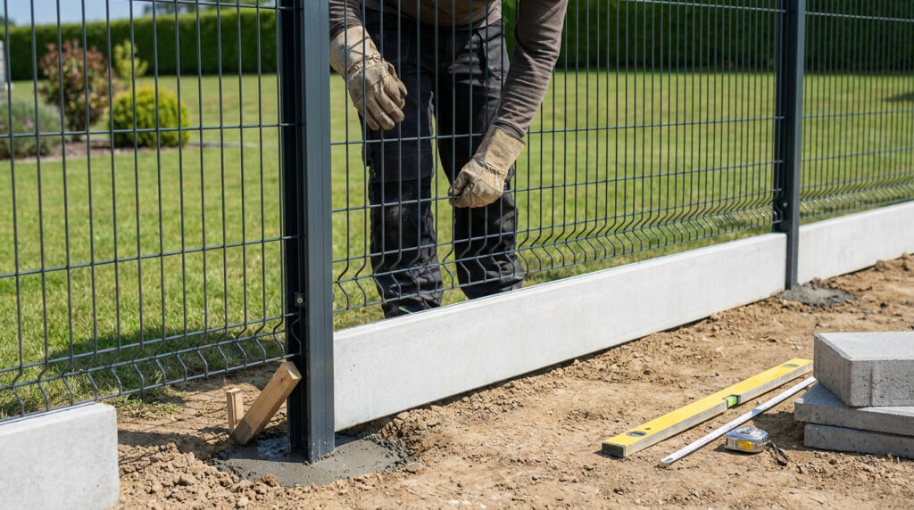 Un ouvrier installe une clôture rigide avec un soubassement en béton dans un jardin. Outils de construction au sol.