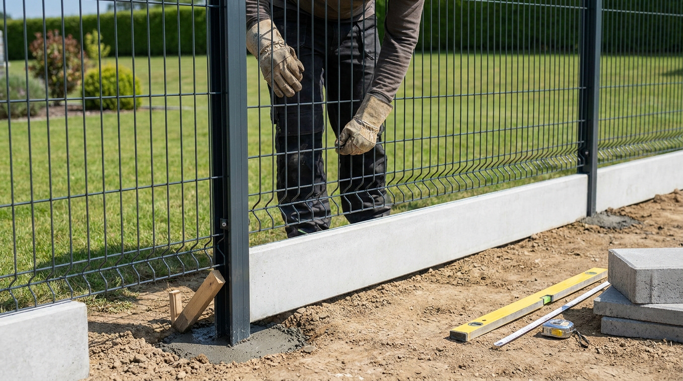 Un ouvrier installe une clôture rigide avec un soubassement en béton dans un jardin. Outils de construction au sol.