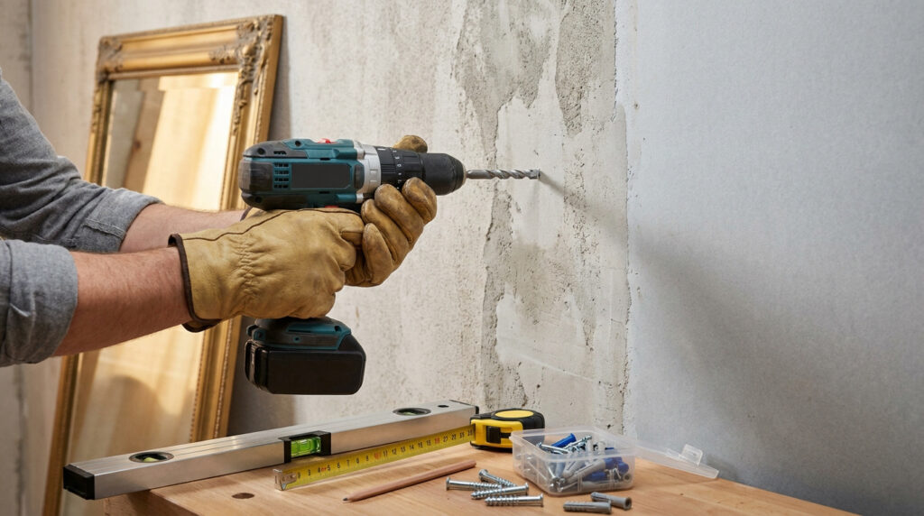 Un ouvrier avec des gants de protection utilise une perceuse électrique pour percer un mur en béton.