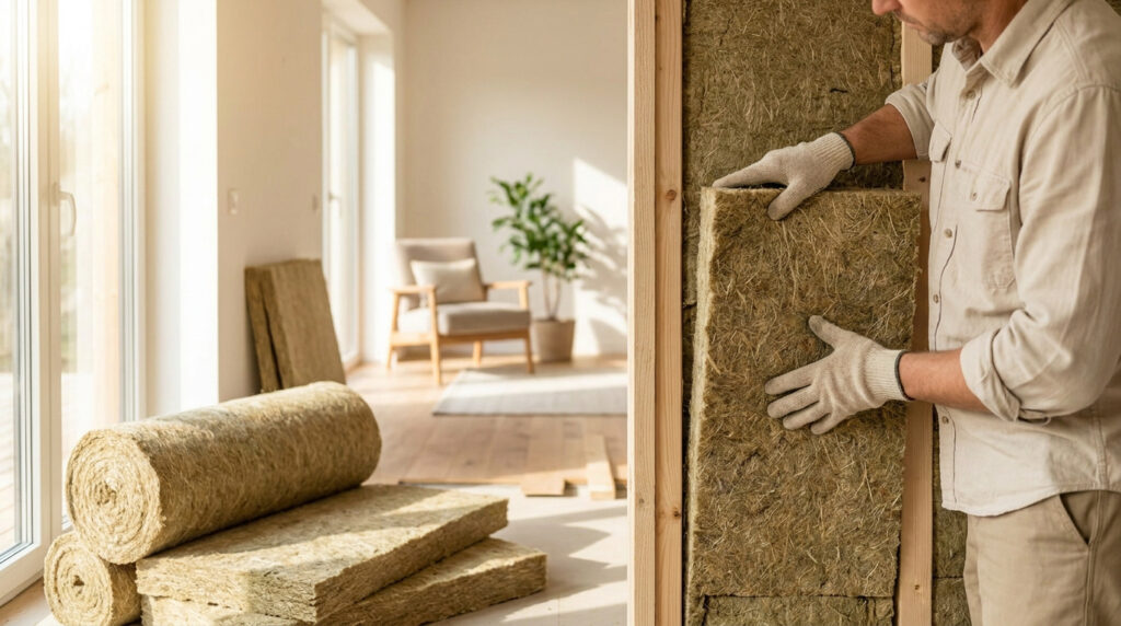 Artisan installant un panneau isolant en fibres de chanvre dans une structure murale en bois lors de travaux de rénovation.