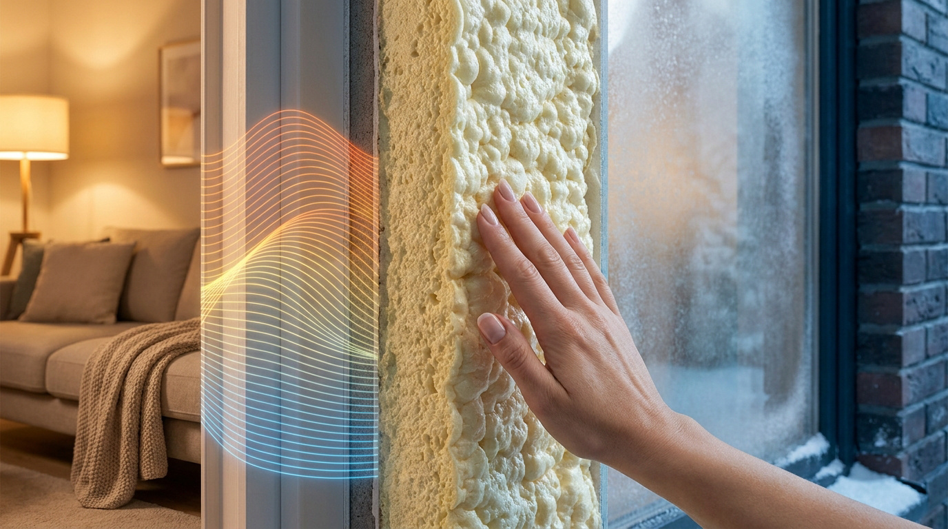 Main touchant une isolation en mousse polyuréthane autour d'une fenêtre avec des ondes de chaleur symbolisant l'isolation.
