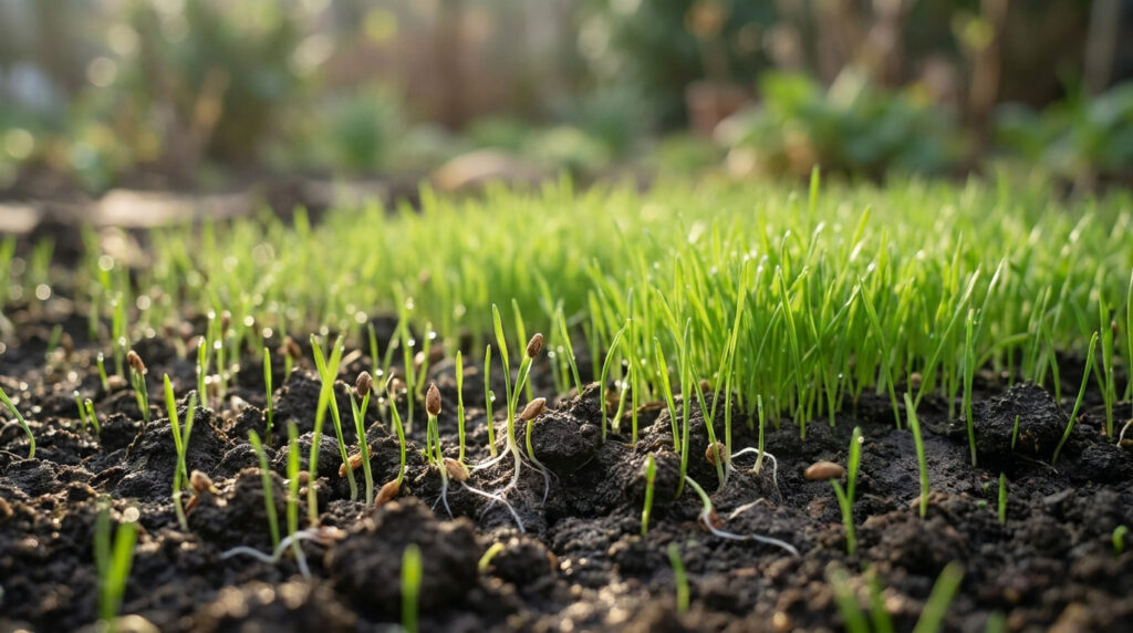 Gros plan sur différentes étapes de croissance du gazon, des graines germées aux jeunes pousses vertes et à l'herbe plus dense, avec rosée.