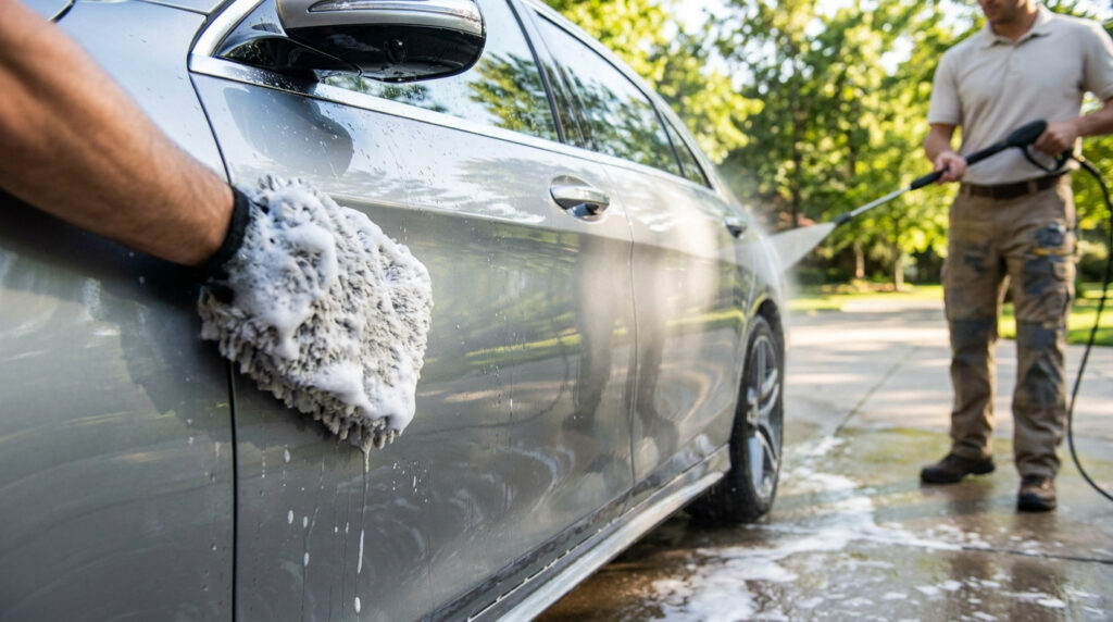 Main gantée frottant une voiture grise avec un gant de lavage mousseux. Une autre personne utilise un nettoyeur haute pression en arrière-plan.