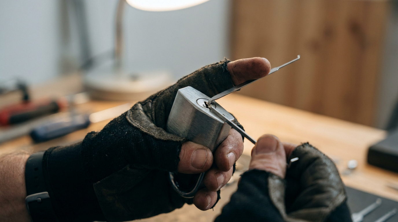 Mains gantées utilisant des outils de crochetage pour ouvrir un cadenas métallique sur un bureau.
