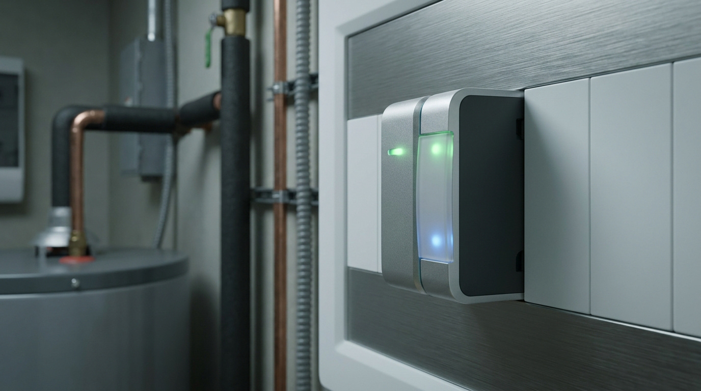 Module de contacteur jour/nuit moderne avec indicateurs lumineux, près d'un chauffe-eau en local technique.
