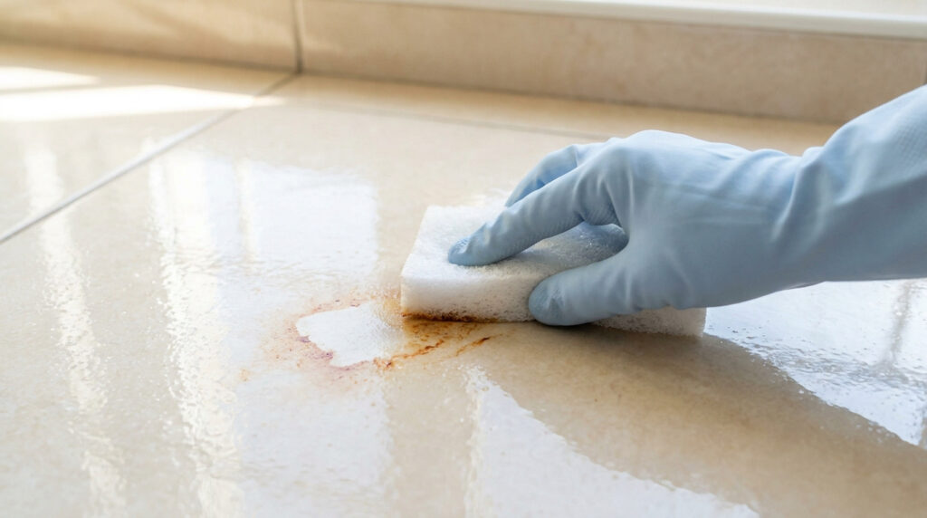 Main gantée en bleu frottant une tache de rouille sur un carrelage clair avec une éponge blanche et humide.