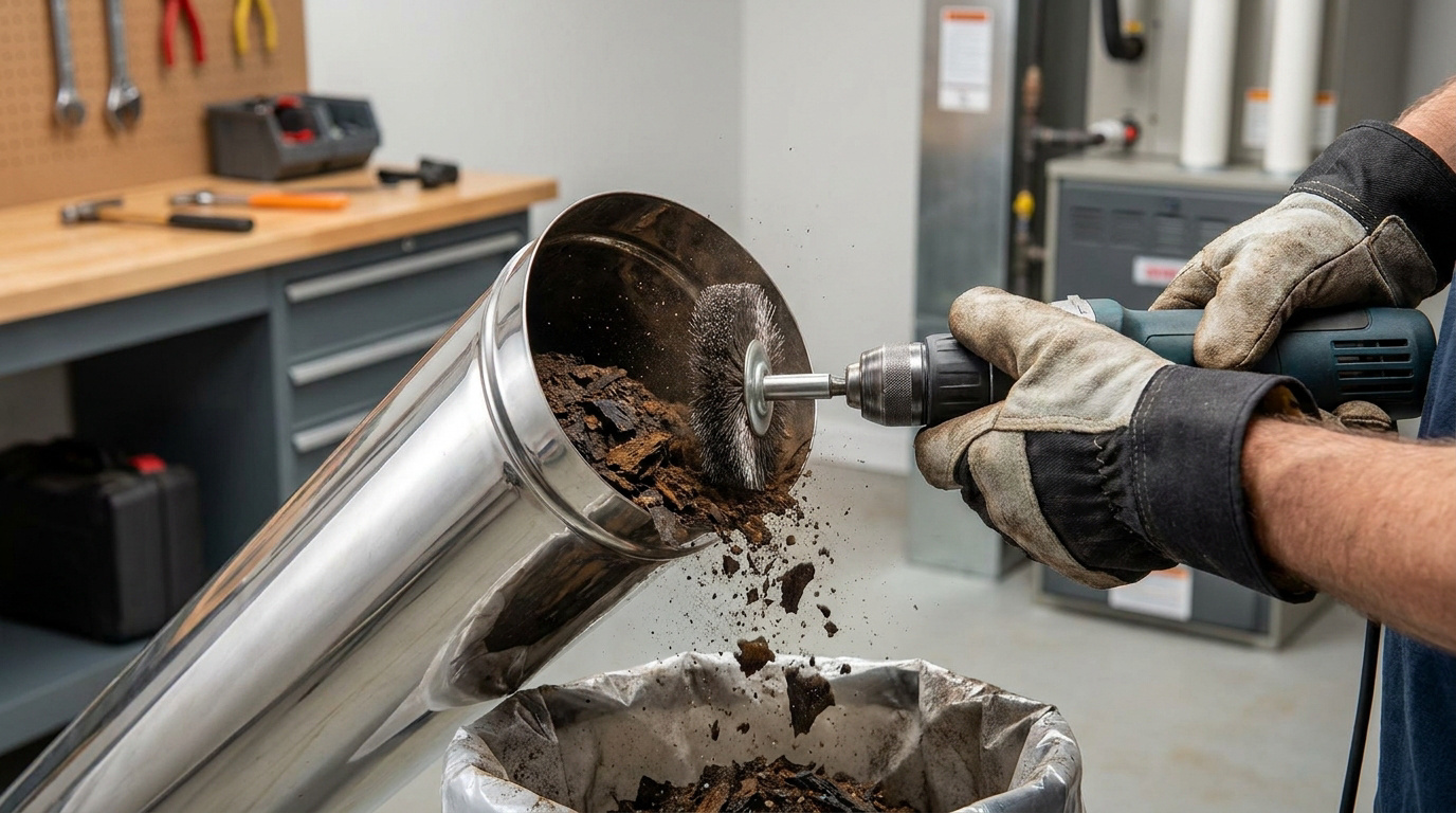 Une personne nettoie un tubage de cheminée en inox avec une brosse métallique montée sur une perceuse, retirant du bistre dans une poubelle.