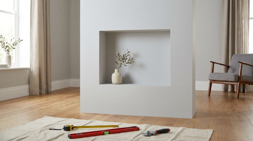 Une niche rectangulaire intégrée dans un mur en placo blanc, avec des outils de bricolage au sol sur une bâche.