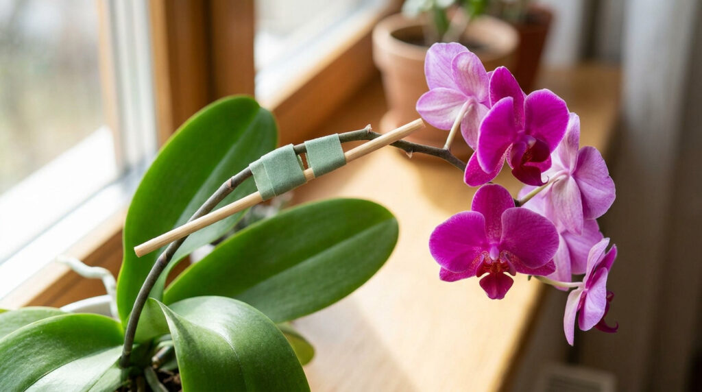 Une orchidée violette dont la tige cassée est maintenue par un tuteur en bois et du ruban adhésif vert.