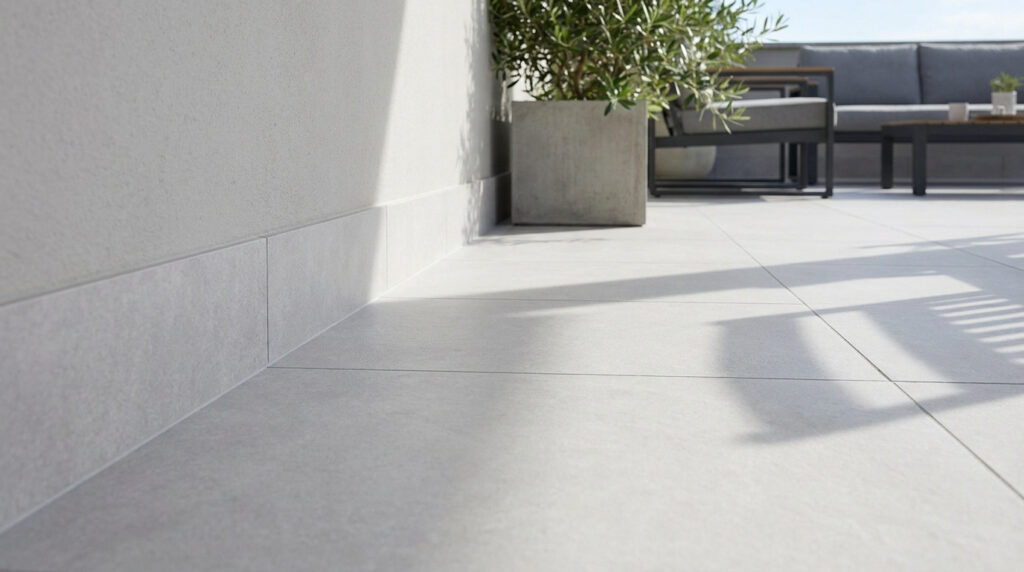 Gros plan sur des plinthes en carrelage gris posées proprement sur une terrasse moderne en dalles sur plots.