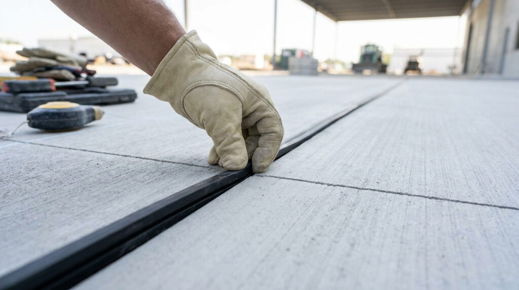 Main gantée insérant un joint de désolidarisation noir entre deux dalles de béton sur un chantier.