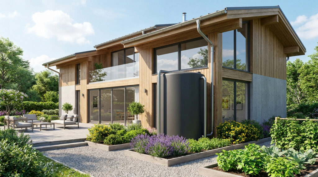Une maison moderne en bois avec une grande citerne noire installée pour récupérer l'eau de pluie du toit.