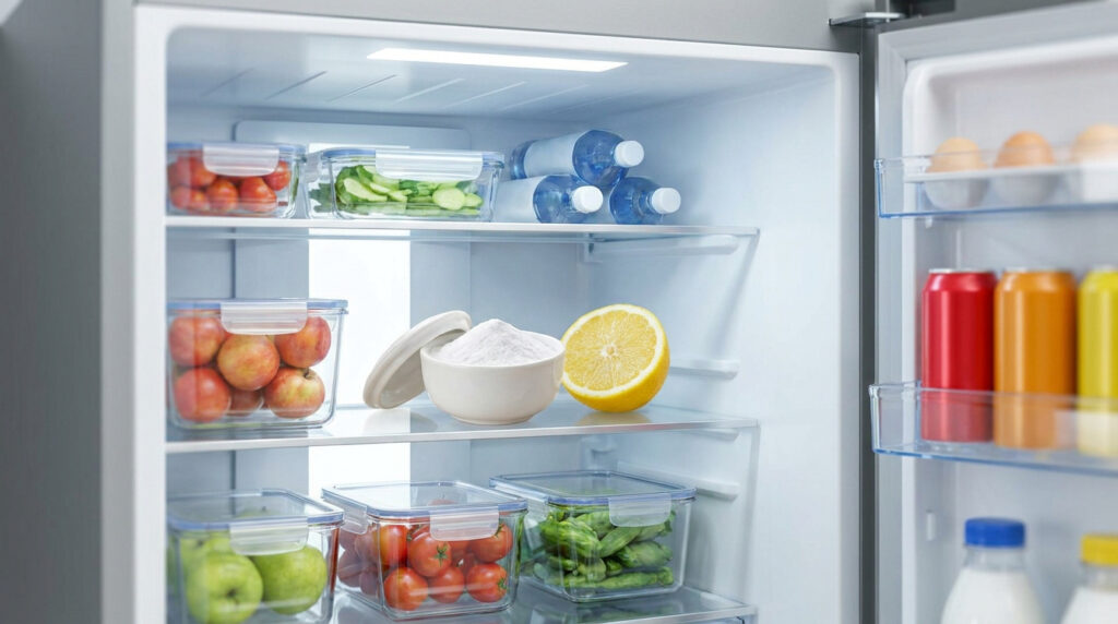 Intérieur d'un réfrigérateur propre avec des récipients d'aliments frais, un bol de bicarbonate et un demi-citron.