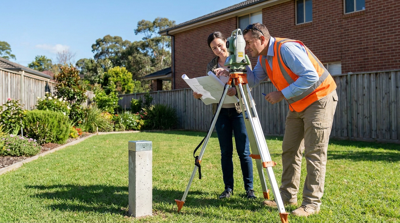 Un géomètre-expert et une cliente réalisent un bornage amiable dans un jardin résidentiel avec un instrument topographique.