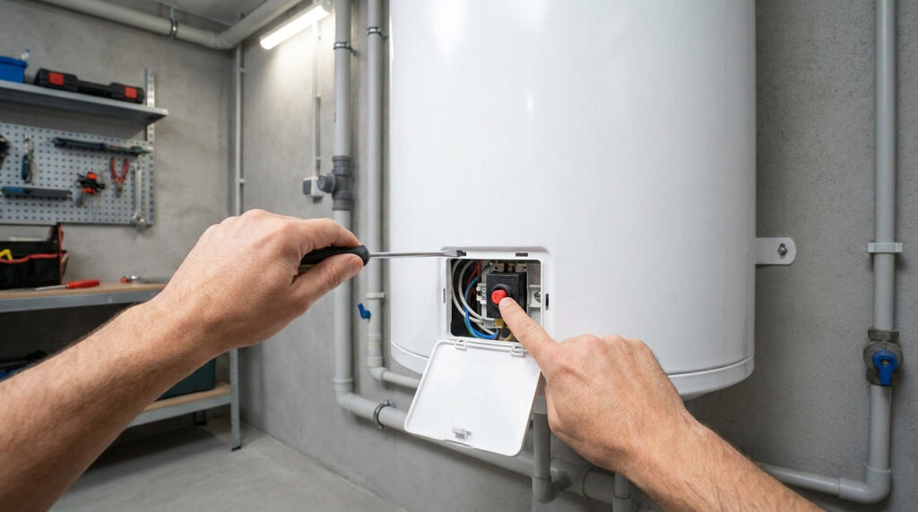 Mains d'une personne réarmant le bouton rouge du thermostat d'un chauffe-eau Sauter à l'aide d'un tournevis.