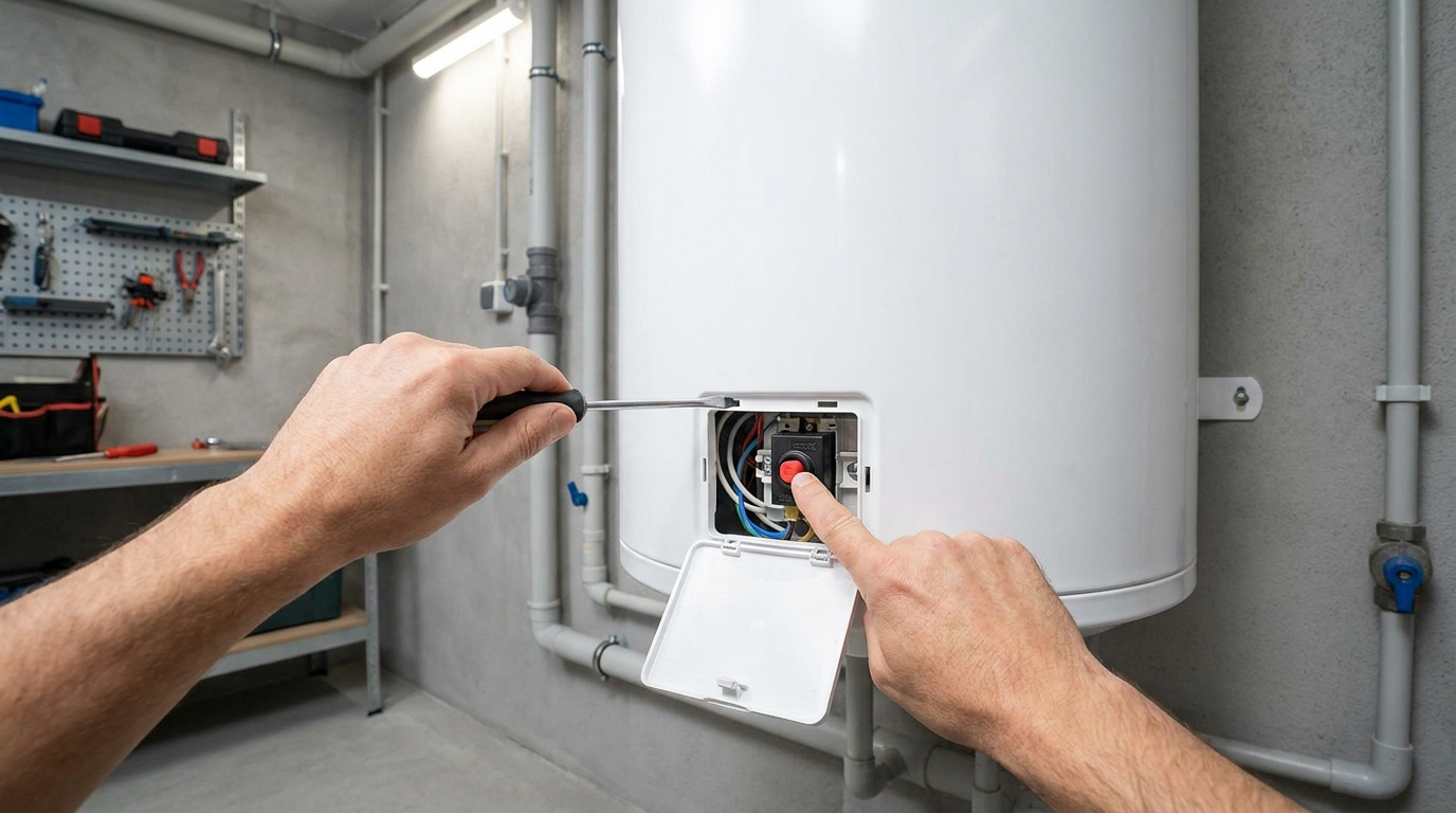 Mains d'une personne réarmant le bouton rouge du thermostat d'un chauffe-eau Sauter à l'aide d'un tournevis.