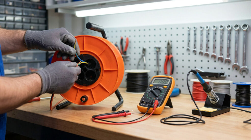 Mains gantées réparant un enrouleur électrique orange. Multimètre et fer à souder sur un établi de travail organisé.