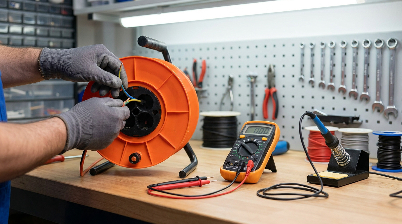 Mains gantées réparant un enrouleur électrique orange. Multimètre et fer à souder sur un établi de travail organisé.