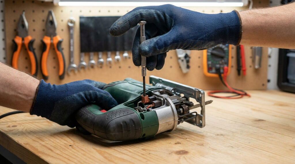 Mains gantées utilisant un tournevis de précision pour réparer une scie sauteuse Parkside sur un établi.