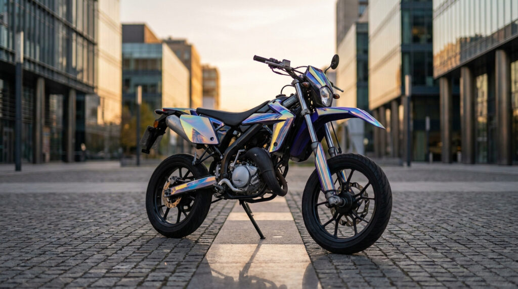 Moto Rieju MRT avec un habillage holographique réfléchissant, stationnée sur une place pavée au coucher du soleil.