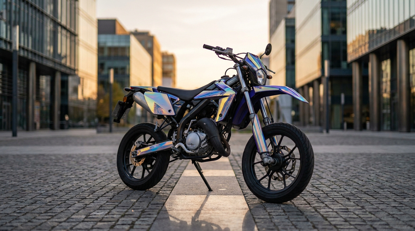 Moto Rieju MRT avec un habillage holographique réfléchissant, stationnée sur une place pavée au coucher du soleil.