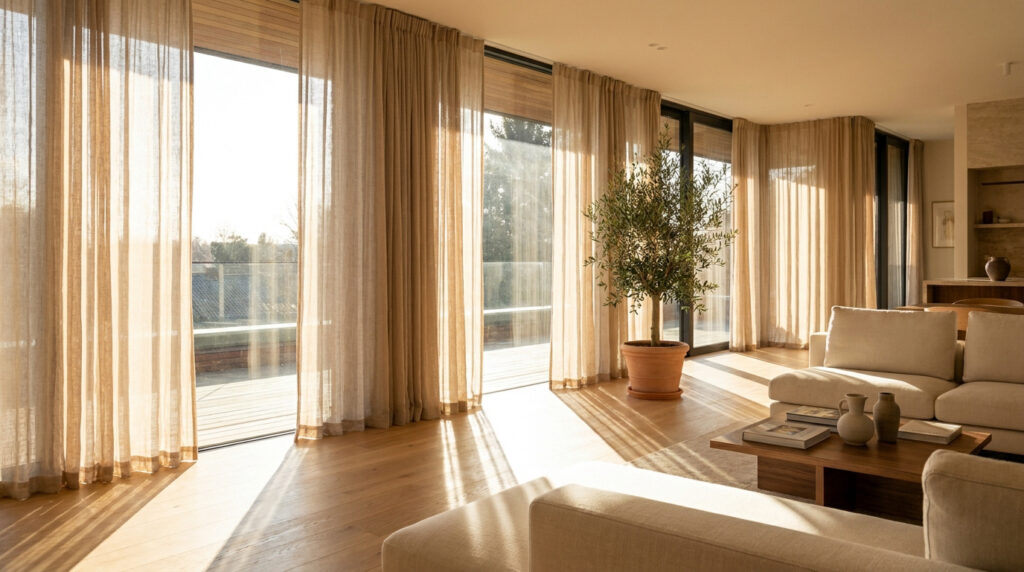 Salon lumineux avec rideaux en lin filtrant la lumière du soleil intense.