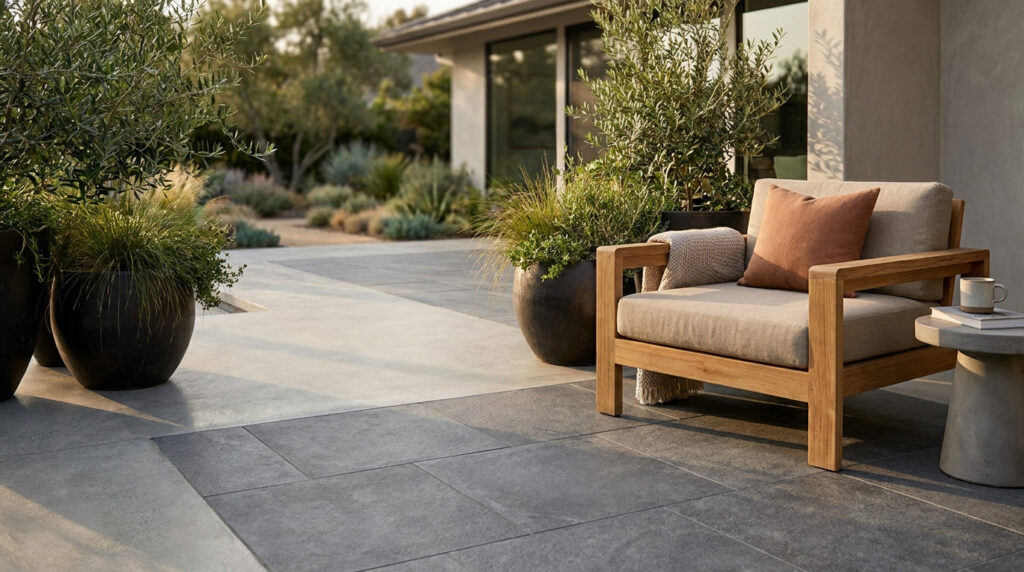 Terrasse moderne avec dalles grises de deux tons, fauteuil en bois clair et coussin terre cuite, plantes en pot.