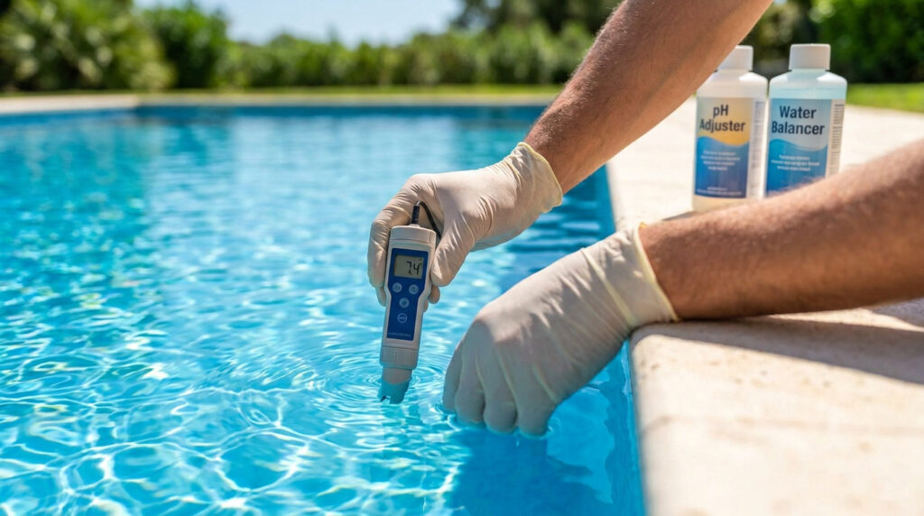 Mains gantées mesurant le pH d'une piscine avec un testeur numérique affichant 7.4. Des bouteilles d'ajusteur de pH sont à côté.