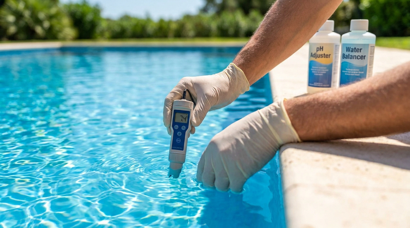 Mains gantées mesurant le pH d'une piscine avec un testeur numérique affichant 7.4. Des bouteilles d'ajusteur de pH sont à côté.