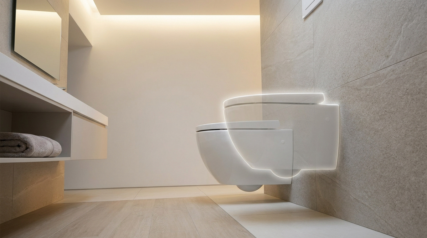 WC suspendu blanc dans une salle de bain moderne avec une surbrillance numérique montrant sa position.