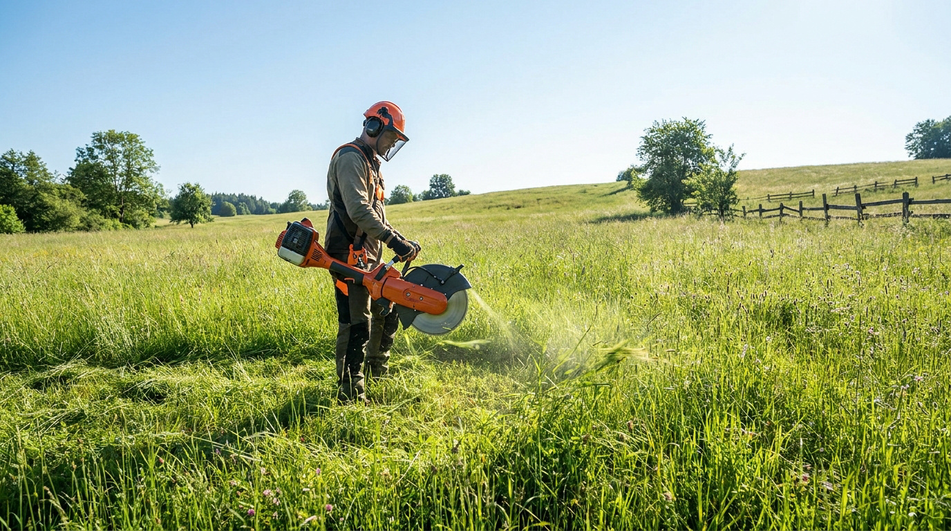 Homme en équipement de protection utilise une débroussailleuse à lame pour couper des herbes hautes dans un grand champ verdoyant sous le soleil.