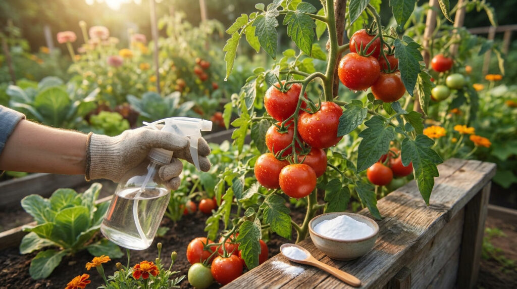 Main gantée pulvérisant une solution sur des tomates dans un potager avec un bol de bicarbonate à proximité.