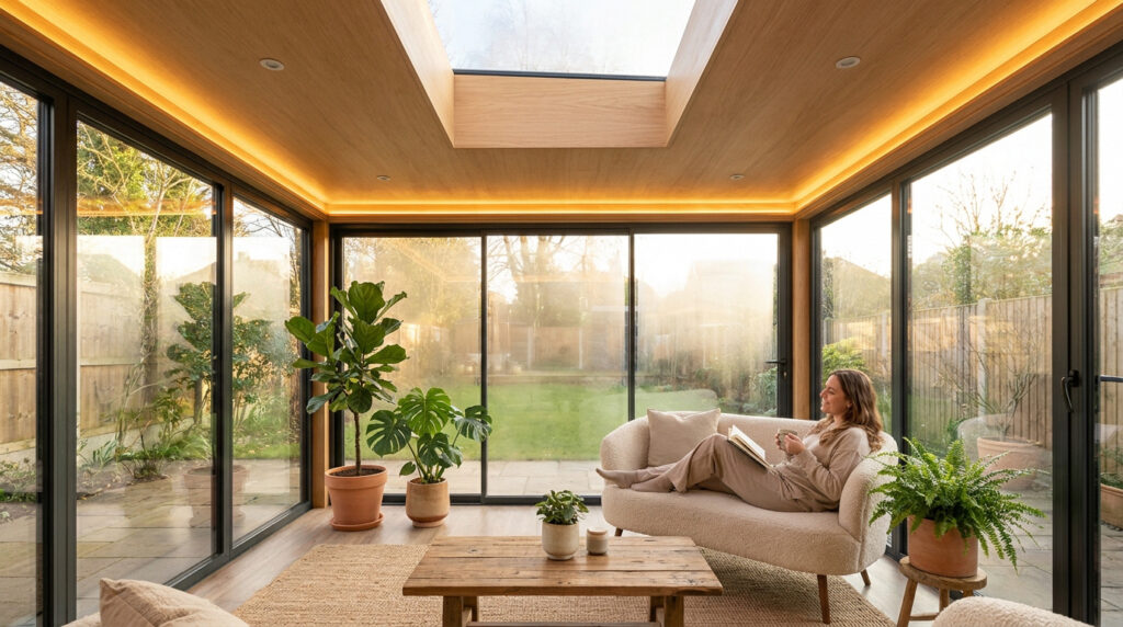 Femme lisant sur un canapé dans une véranda moderne lumineuse avec un plafond isolé en bois et des baies vitrées.