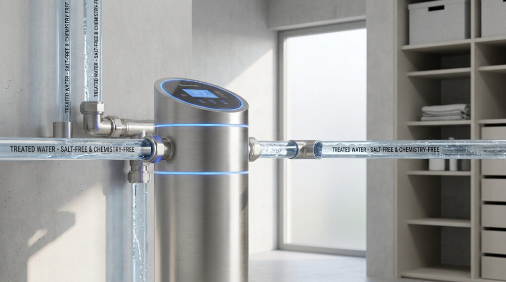 Adoucisseur d'eau moderne en acier inoxydable avec tuyaux transparents montrant un traitement sans sel et sans produit.