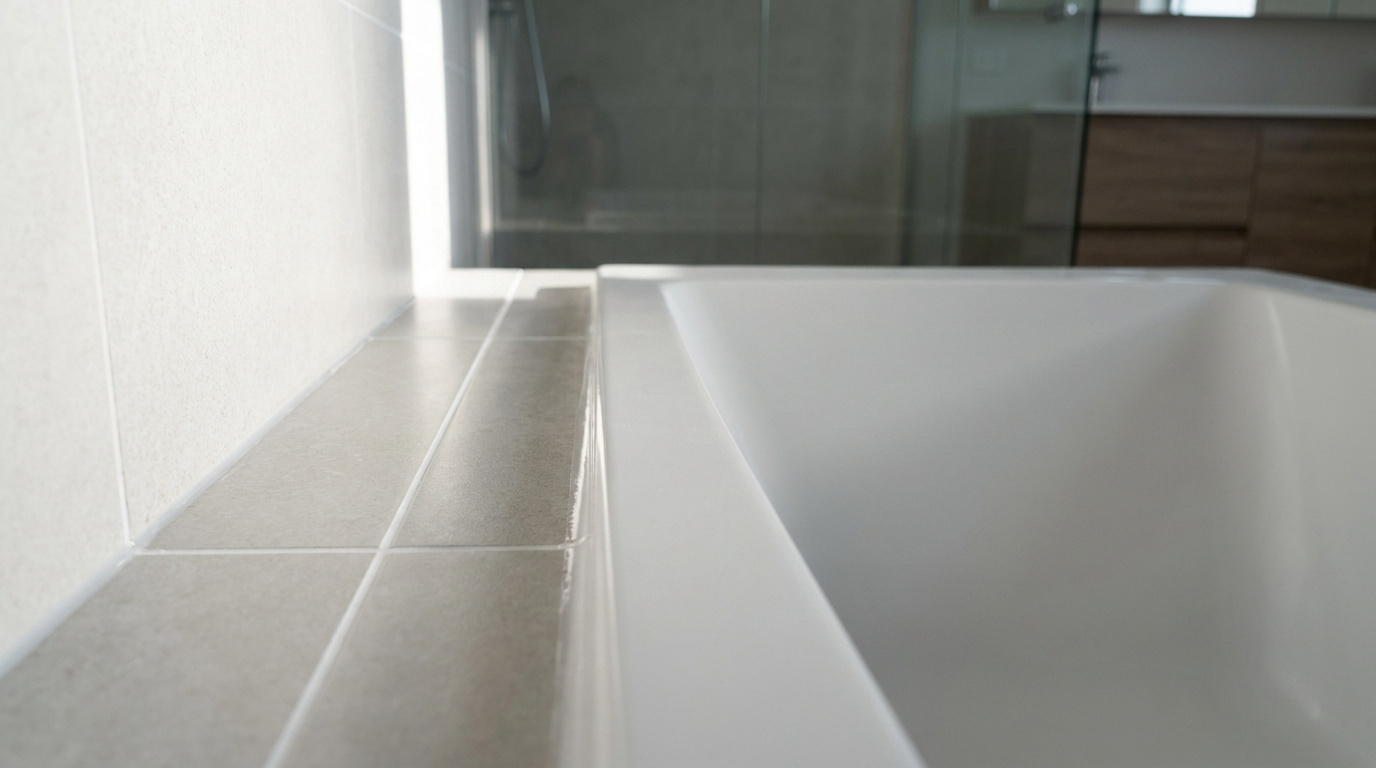 Gros plan sur le joint d'étanchéité propre entre le rebord d'une baignoire blanche et les carreaux muraux gris.