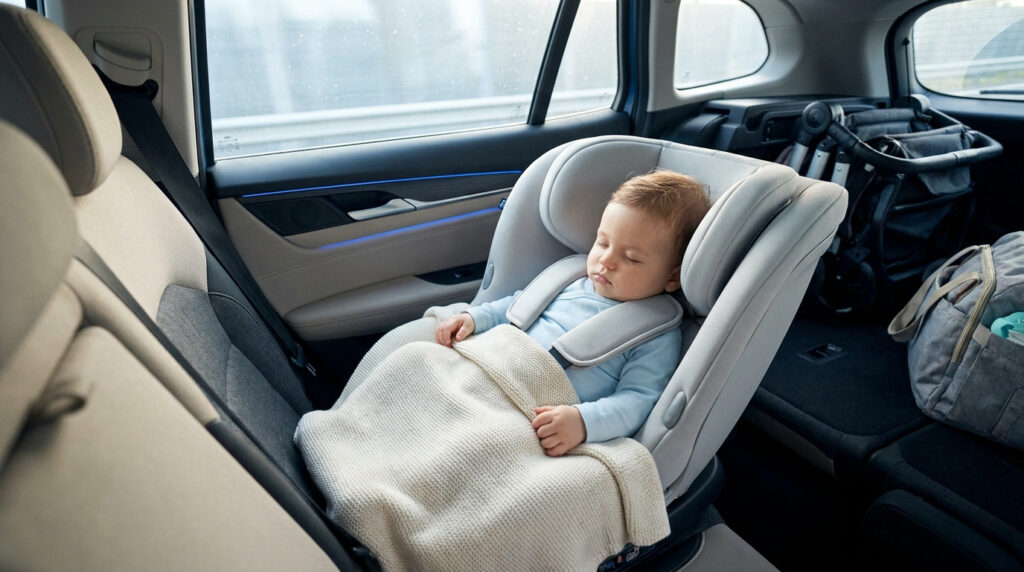 Bébé dormant paisiblement dans un siège auto gris, couvert d'une couverture, à l'arrière d'une voiture.