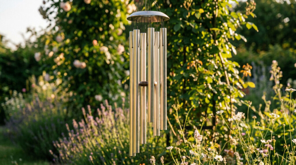Carillon éolien en métal argenté suspendu dans un jardin fleuri ensoleillé.