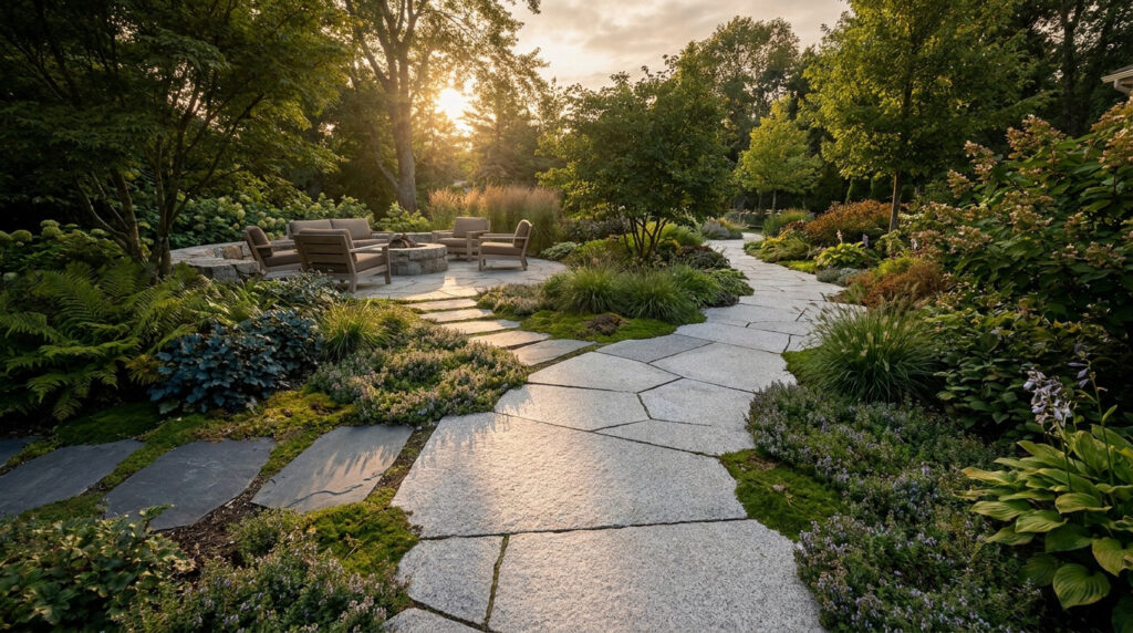 Chemin en dalles de pierre naturelle traversant un jardin luxuriant avec un espace salon extérieur au coucher du soleil.