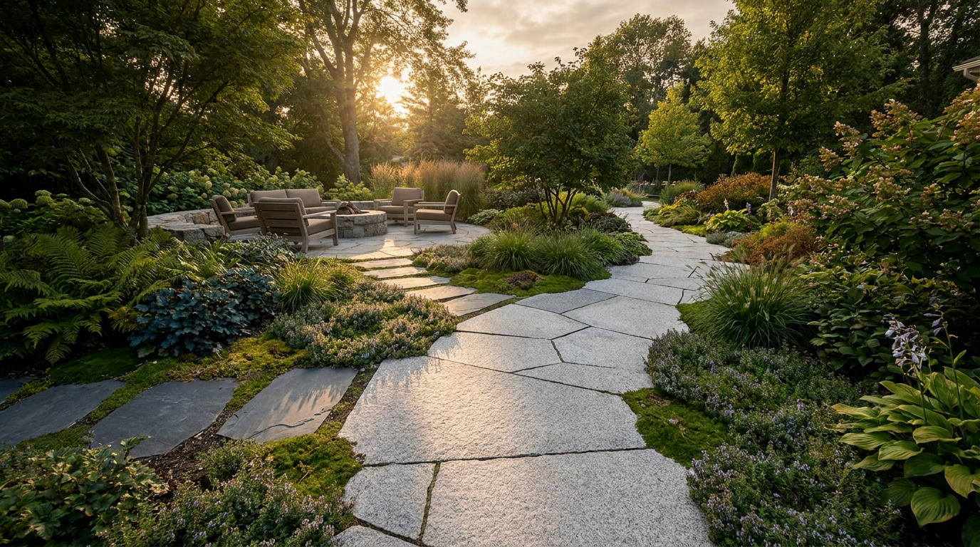 Chemin en dalles de pierre naturelle traversant un jardin luxuriant avec un espace salon extérieur au coucher du soleil.
