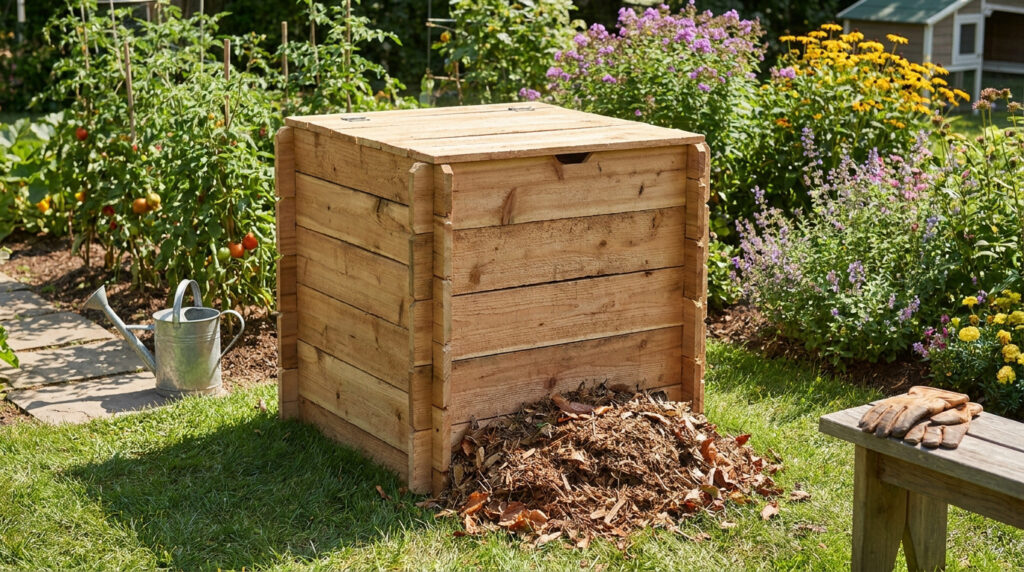 Un bac à compost en bois placé dans un jardin verdoyant avec des fleurs et des tomates en arrière-plan.