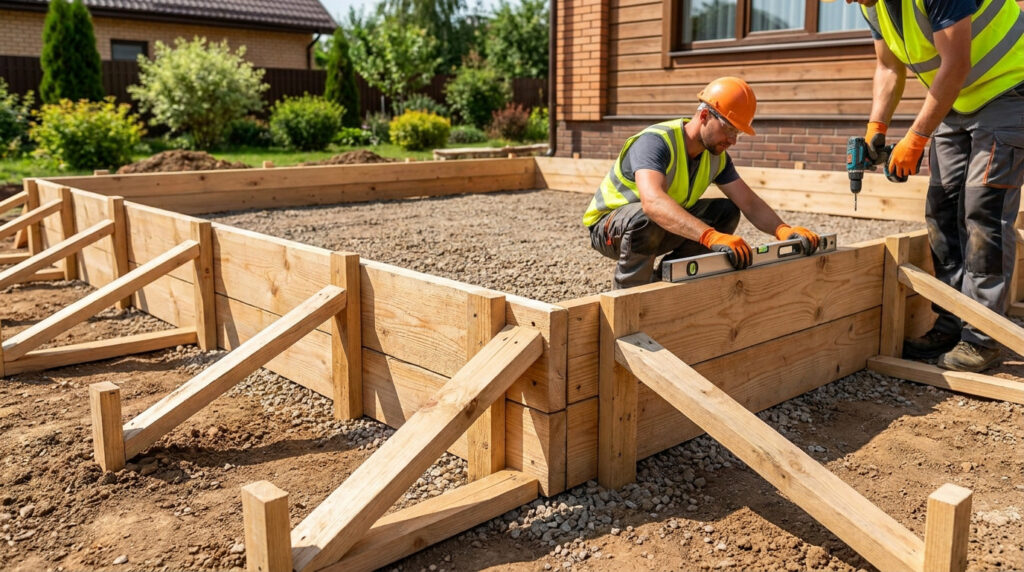 Deux ouvriers en équipement de sécurité installent le coffrage en bois pour une future terrasse extérieure.
