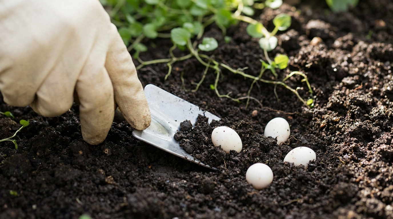 Une main gantée utilisant une petite pelle pour découvrir des œufs blancs ovales enterrés dans la terre du jardin.