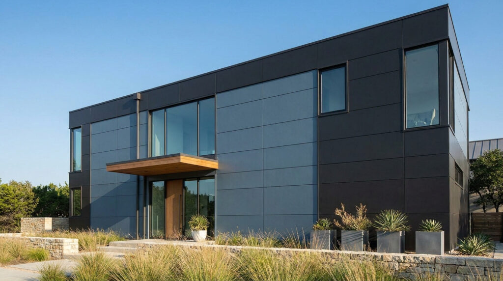 Maison moderne avec une façade en panneaux sandwich gris et noirs, et une entrée en bois sous un auvent.