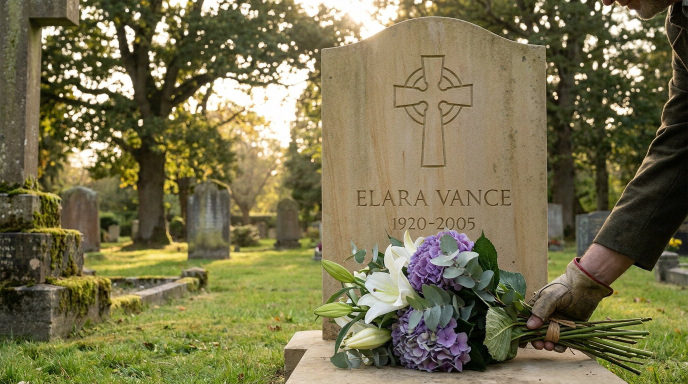 Une main gantée dépose un bouquet de fleurs sur une pierre tombale en pierre dans un cimetière ensoleillé.
