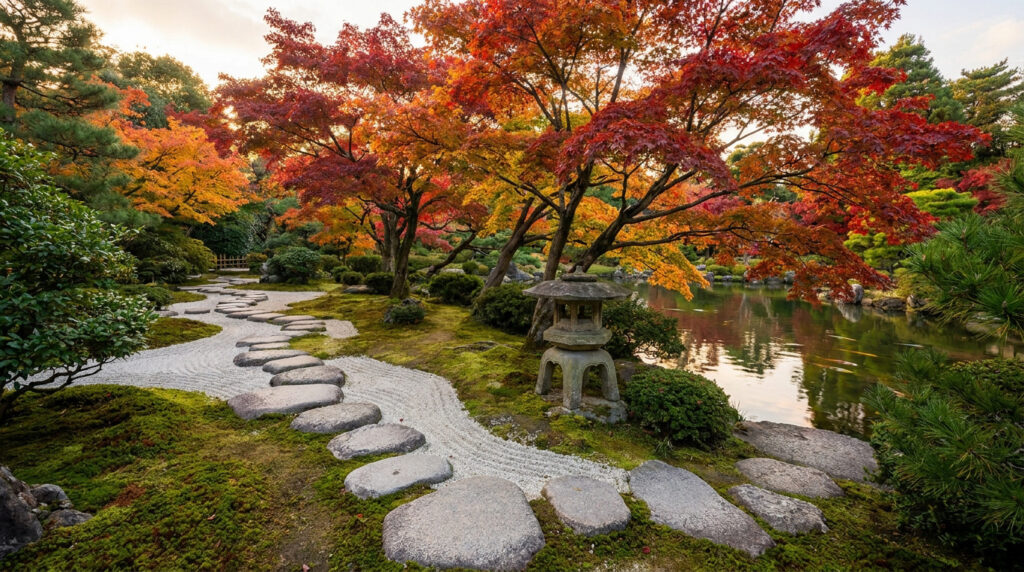 Jardin japonais traditionnel avec étang, érables aux couleurs d'automne et allée de pas japonais sur gravier ratissé.